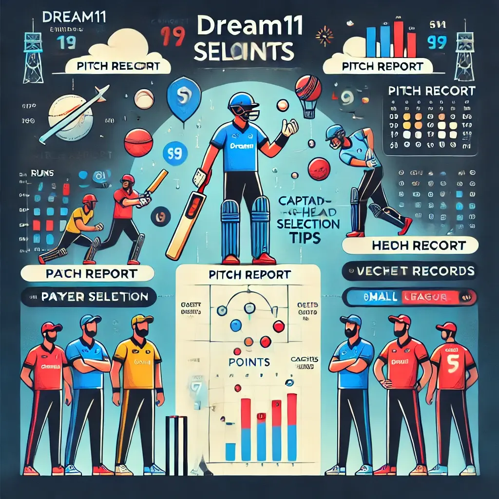 "Dream11 Fantasy Cricket साठी आवश्यक टिप्स – टीम निवड, पिच रिपोर्ट, हेड-टू-हेड रेकॉर्ड्स आणि कॅप्टन/व्हाइस-कॅप्टन निवड." 