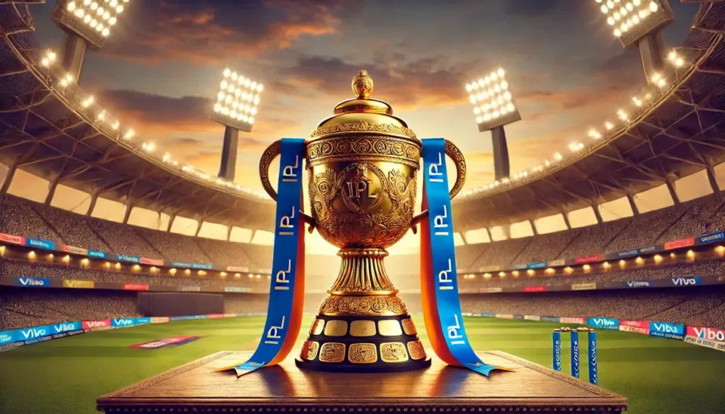 "IPL 2025 ट्रॉफी टेबलावर ठेवलेली, मागे स्टेडियम आणि लाईट्स"